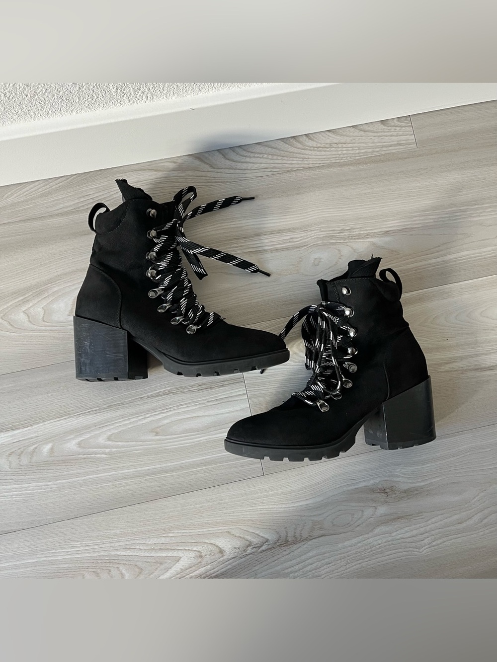 Heeled Hiker Boots black faux suede, lace up block heel, size EU 37/UK 4/US 6.5